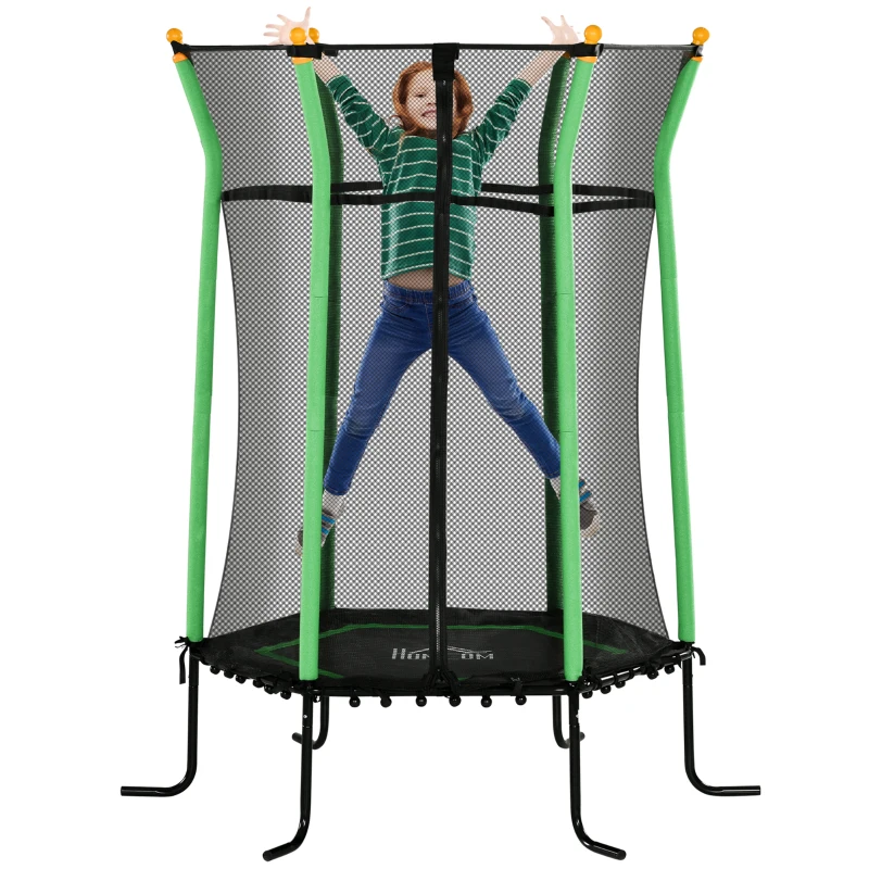 HOMCOM Trambulină Elastică pentru Copii 3-10 Ani cu Intrare cu Fermoar și Stâlpi Căptușiți, 122 x 111 x 190 cm, Verde