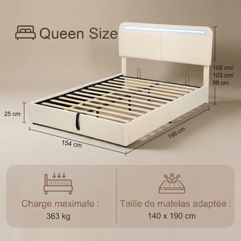 HOMCOM Cama Baú 140 x 190 cm, LED RGB, Cabeceira Regulável, Estrado de Cama Duplo Estofado em Veludo, Armazenamento Hidráulico, Creme