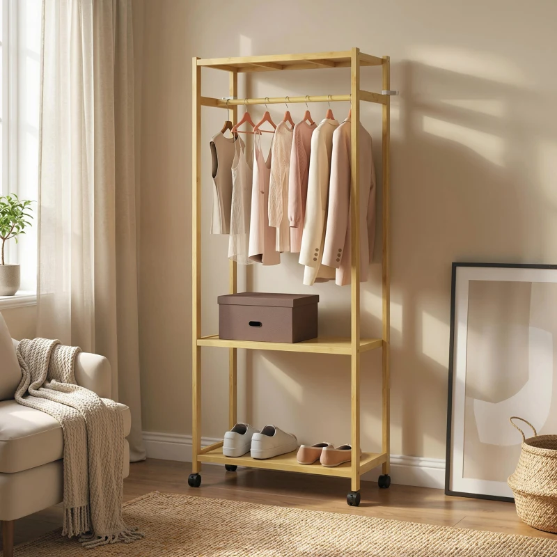 HOMCOM Stand Appendiabiti da Terra con Barra, Ripiani e 4 Ruote in Bambù, 70x35x175 cm, Legno Naturale