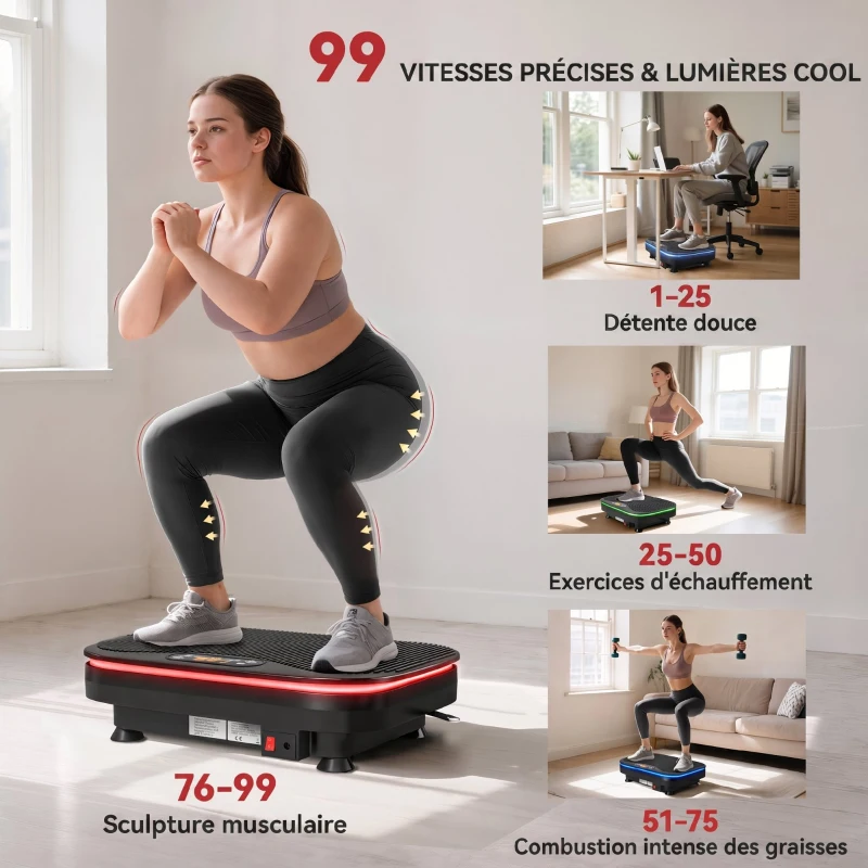 SPORTNOW Plateforme Vibrante avec Lumières, Bluetooth, 3 Programmes, 99 Vitesses, Télécommande, Écran LED, 47x32x12cm, Noir