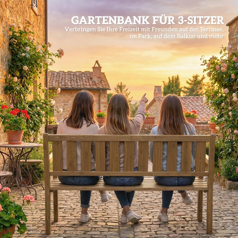 Outsunny Gartenbank 3-Sitzer Wetterfest Holzbank mit Rückenlehne Armlehnen, Holz Sitzbank 360 kg belastbar Teak