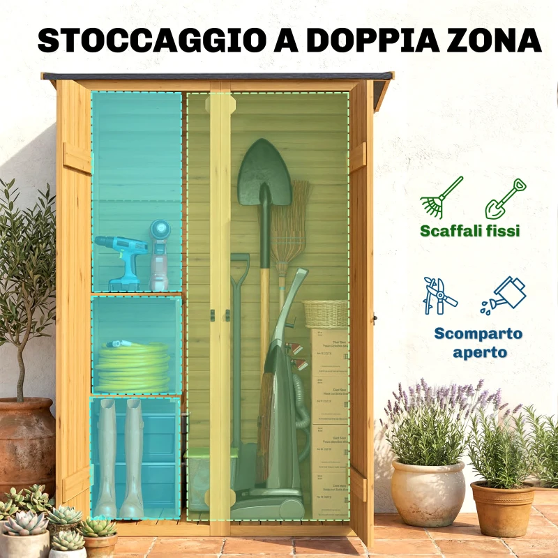 Outsunny Capanno Legno Marrone, Ripostiglio Attrezzi con 2 Ripiani