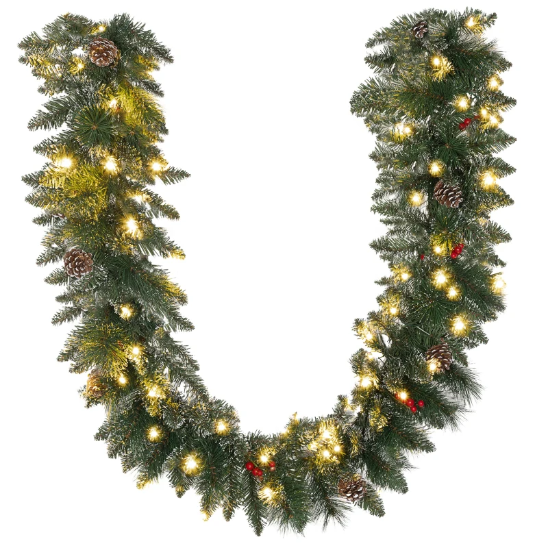 HOMCOM Ghirlanda Natalizia con 50 Luci LED Bianche e Decorazioni, in Plastica e Metallo, 180x30x30 cm, Verde