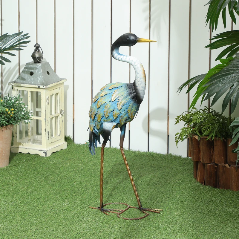 Outsunny Heron Garden Statue, Standing Garden Ornament, Metal Garden Gift with Stakes, 28 x 17 x 63 cm, Multi-Colour