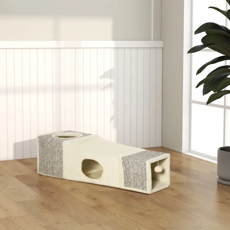 PawHut Tunnel per Gatti Pieghevole con Casette, Tiragraffi e Pallina in Peluche e Sisal, Crema