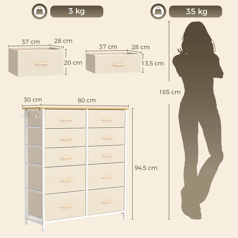 HOMCOM Kommode mit 10 Stoffschubladen, Aufbewahrungsmöbel mit 4 Taschen, 2 Haken, Stahlgestell, 80 x 30 x 94,5 cm, Beige