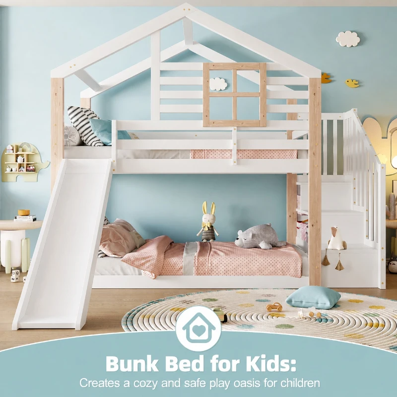 Modern Minimalist Kids Bunk Bed with Slide and Storage Stairs, Solid Wood House Bed for Siblings and Sleepovers, 194L x 90W x 206H cm, White