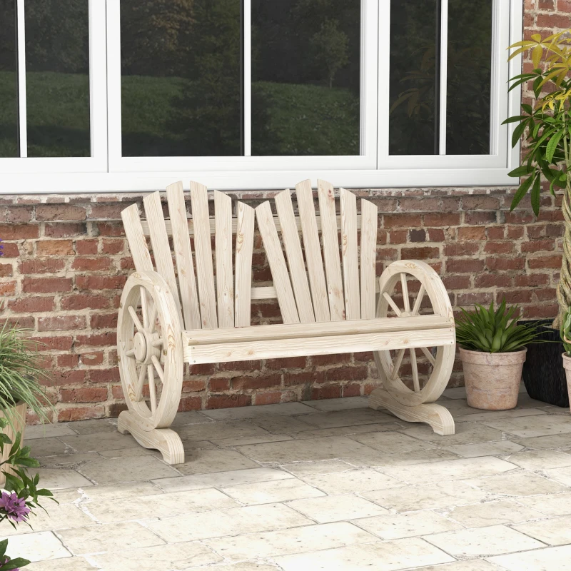 Outsunny Gartenbank, Wagenrad-Design, für 2 Personen, Naturholz