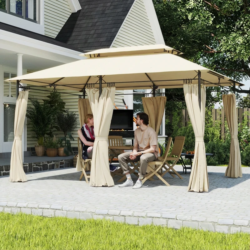 Outsunny Cenador de Jardín de 4x3 m con Doble Techo Paredes Laterales Resistente al Agua para Exterior Terraza Beige
