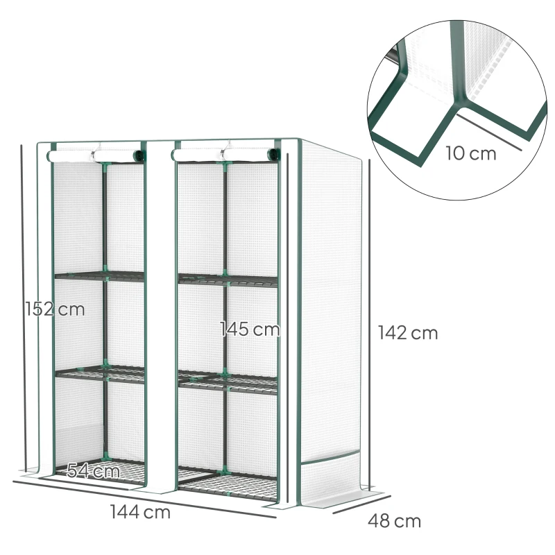 Outsunny Serra da Giardino con 2 Porte Avvolgibili, Scaffale a 3 Ripiani e Tasche Laterali, Bianco e Verde