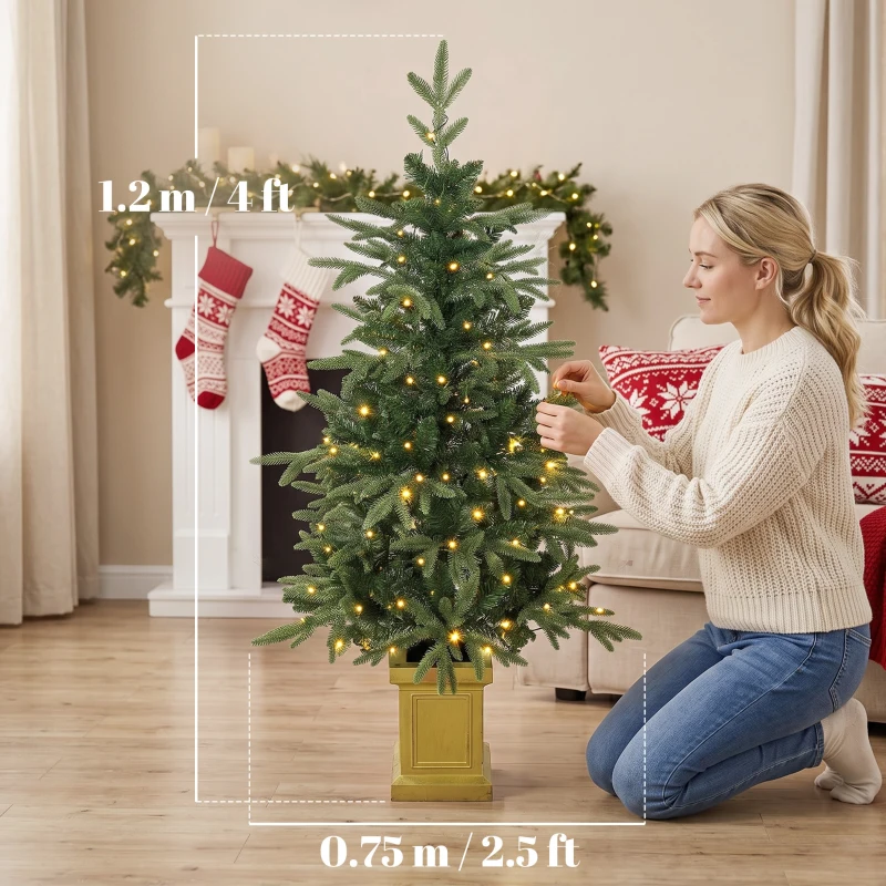 HOMCOM Set of 2 Prelit Christmas Trees with Dual-Colour LEDs, Remote, 4ft Artificial Aspen Fir Battery-Operated, 11 Modes, Pot