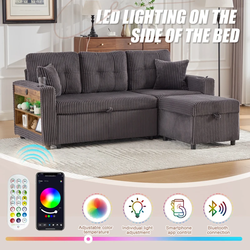 Modern Corduroy Sofa Bed with Pull-Out Bed, Storage and LED Lighting, Plush Sleeper Couch for Living Rooms, 196L × 82W × 85H cm, Dark Gray