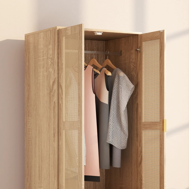 HOMCOM Armoire chambre penderie avec 2 portes en rotin, 2 tiroirs et barre de suspension, 63 x 47 x 185 cm, bois naturel
