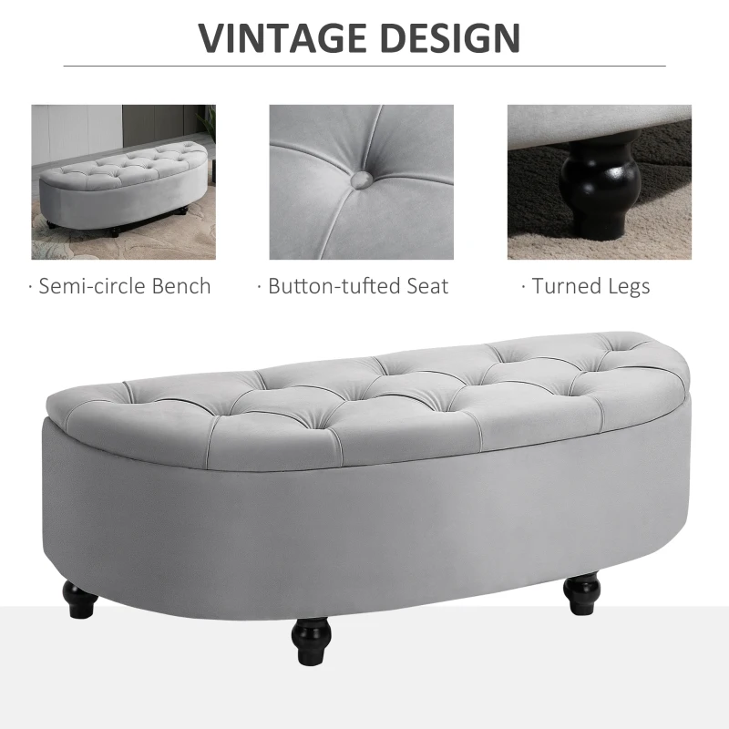 HOMCOM Semi-Circle Ottoman Storage Bench, Bed End Bench, Tufted Upholstered Window Seat Footrest Stool with Rubberwood Legs for Bedroom & Entryway, 120 x 46 x 42 cm, Light Grey