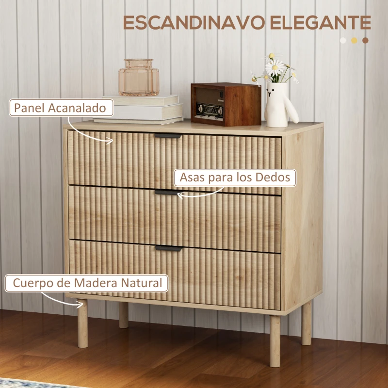 HOMCOM Cómoda de Dormitorio Estilo Nórdico con Cajones Amplios Paneles Acanalados y Tiradores Metálicos 80x40x77,5 cm Roble