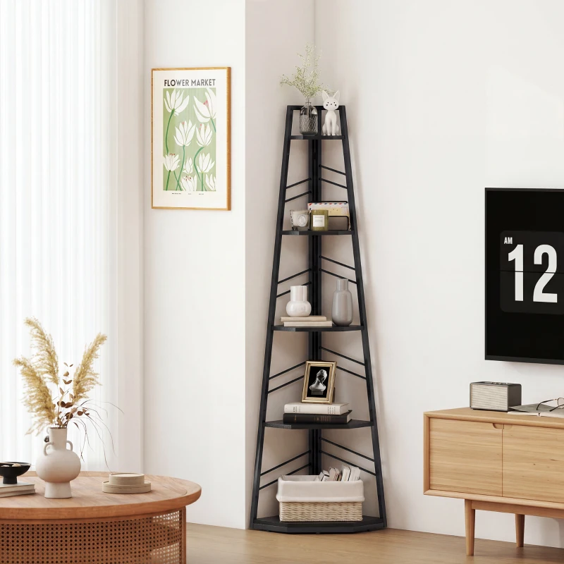 HOMCOM Corner Bookcase, 5-Tier Floor Standing Bookshelf, Shelving Unit for Living Room, Study, Bedroom, Black