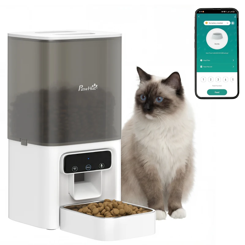 PawHut Distribuitor Automat de Hrană pentru Pisici 4.5L cu Aplicație și Înregistrator Vocal