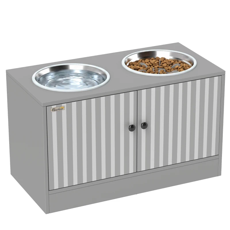 PawHut Hundefutterstation mit 2 Edelstahl-Näpfen, Schrank für Utensilien, für große Hunde, Zubehör, Grau
