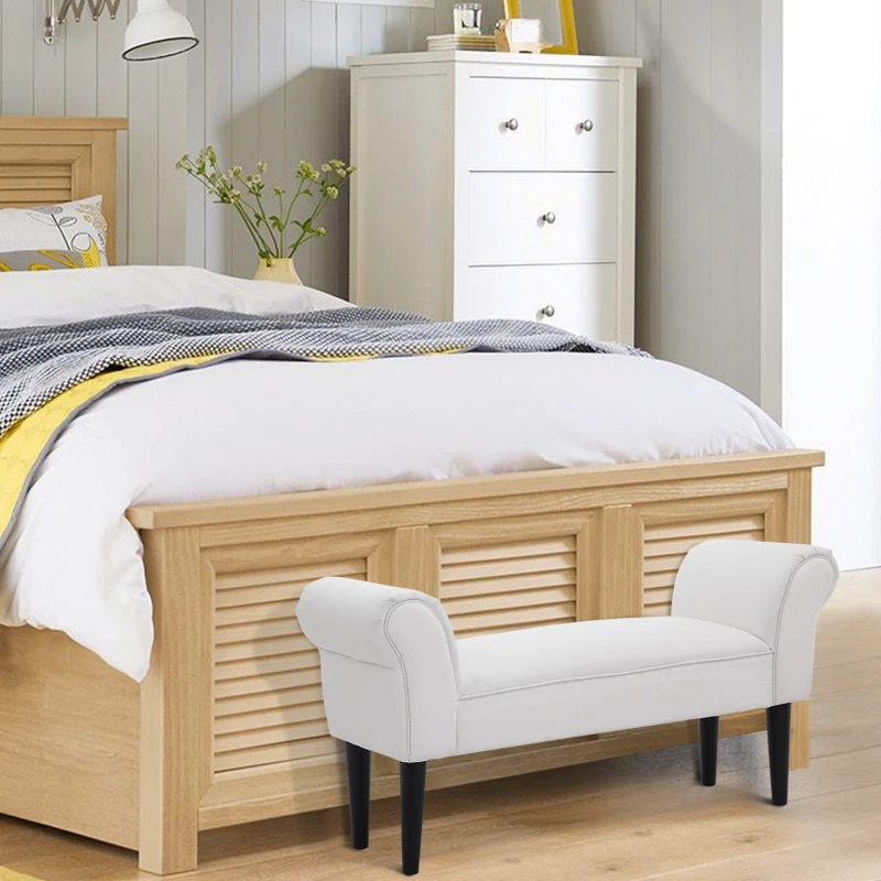 HOMCOM Banco Pie de Cama, Taburete Pie de Cama Tapizado en Lona con Patas de Madera, Reposabrazos y Asiento Acolchado, Estilo Moderno, Banco para Dormitorio, Entrada, Pasillo, Blanco