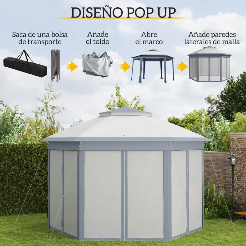 Outsunny Carpa Plegable 4x3,4 m con Doble Techo 6 Mosquiteras Extraíbles y Bolsa de Transporte Anti-UV Gris