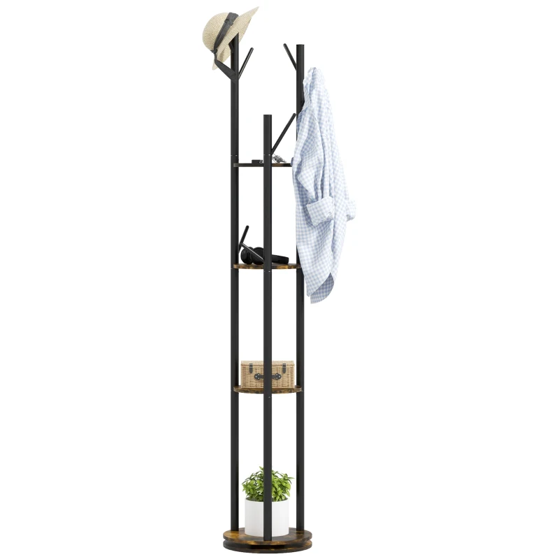 HOMCOM Cuier rotativ de podea cu 8 cârlige și 4 rafturi, stil industrial, Ø30x175cm, maro