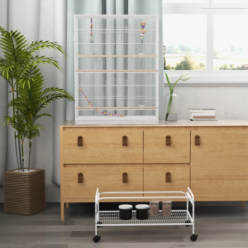 PawHut Cage à oiseaux sur pieds roulettes avec 4 mangeoires et 3 perchoirs 79 x 49 x 133 cm blanc