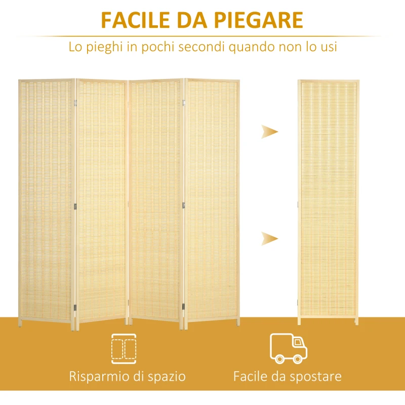 HOMCOM Paravento da Interno a 4 Ante Pieghevole in Legno e Bambù Altezza 180cm, Colore Naturale