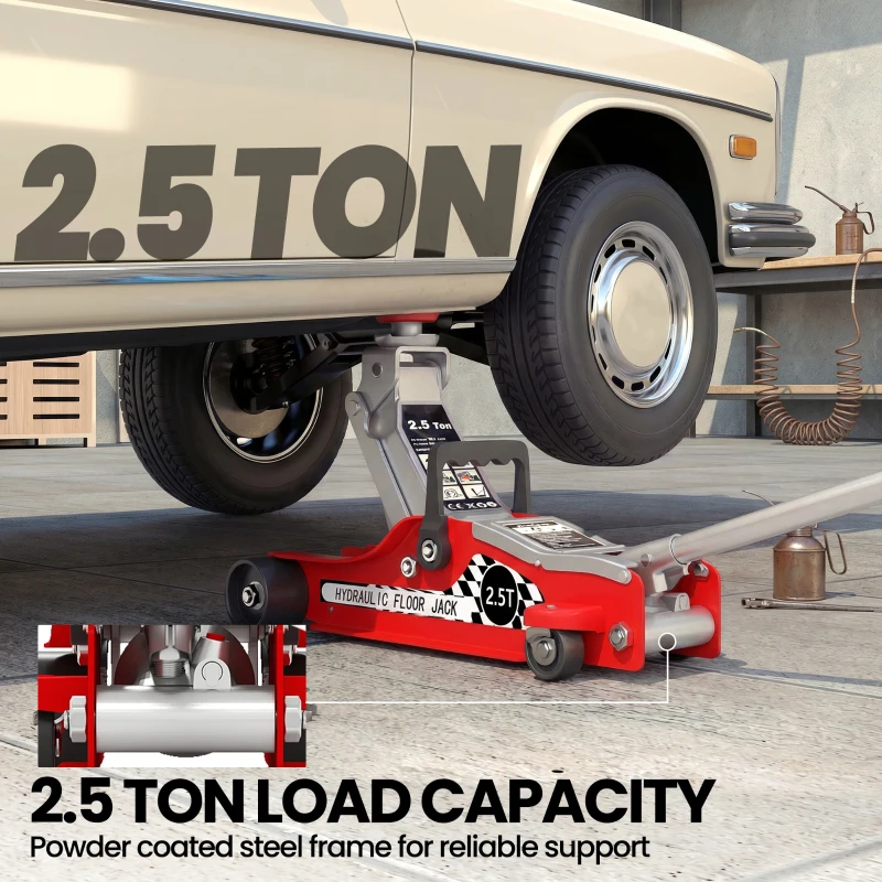 HOMCOM Hydraulic Low Profile Floor Jack, 2.5 Tonne Heavy Duty Steel Trolley Car Jack Lift with 80-360 mm Lifting Range, Wheels, Top Handle, Red