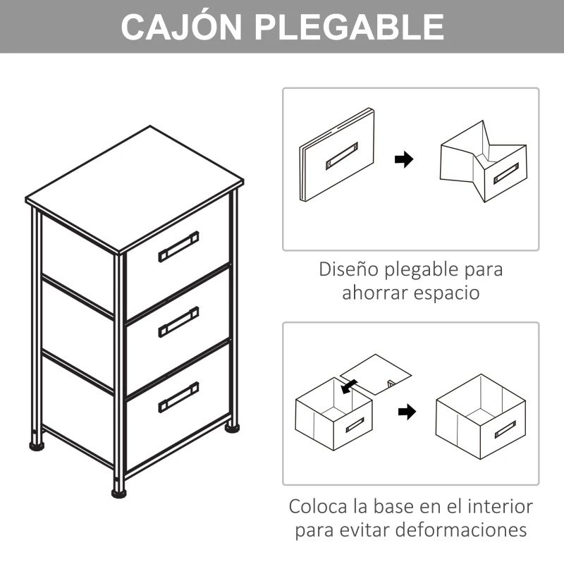 HOMCOM Cómoda con 3 Cajones de Tela Marco de Acero Cajonera para Salón Oficina Vestidor Gris