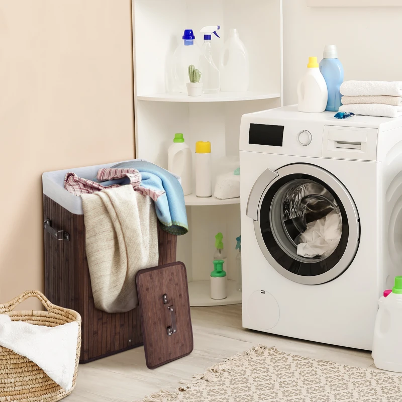 HOMCOM Cesto Portabiancheria in Bambù con Coperchio e Sacco in Tessuto Rimovibile, 40x30x60cm, Marrone