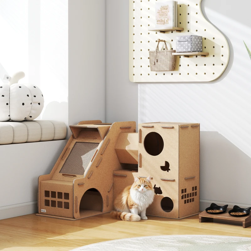 PawHut Casa para Gatos de Cartón Forma Castillo 2 Niveles con 3 Zonas de Rascado Túnel Rampa Incluye Hierba Marrón