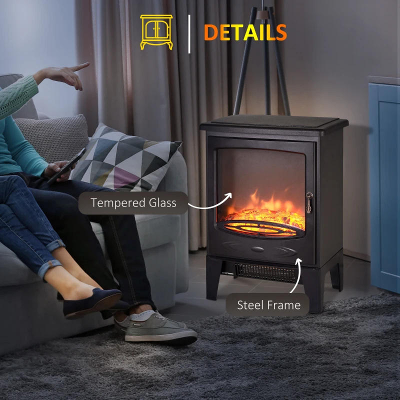 HOMCOM Electric Fireplace Stove, Freestanding Log Burner, 1000W/2000W, Portable Electric Fire Fan Heater with LED Flame Effect, Adjustable Thermostat, Glass, Overheat Protection, Black