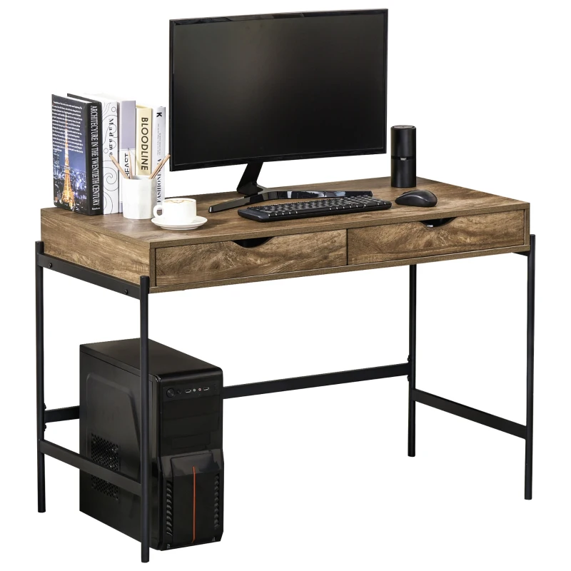 HOMCOM Bureau Style Industriel dim. 110L x 55l x 75H cm tiroir + 2 tiroirs piètement métal Noir Plateau MDF pour étude, Aspect Bois