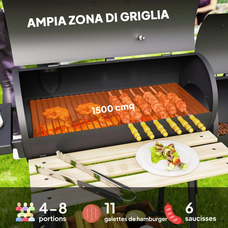 Outsunny Barbecue a Carbone con Coperchio e Affumicatore, BBQ da Giardino con Ripiani e Ruote 124x53x104 cm, Nero