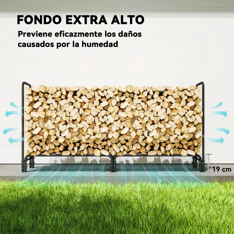 Outsunny Leñero con Cubierta Estante para Interior y Exterior Carga 200kg 200x36x99 cm Verde Oscuro y Negro