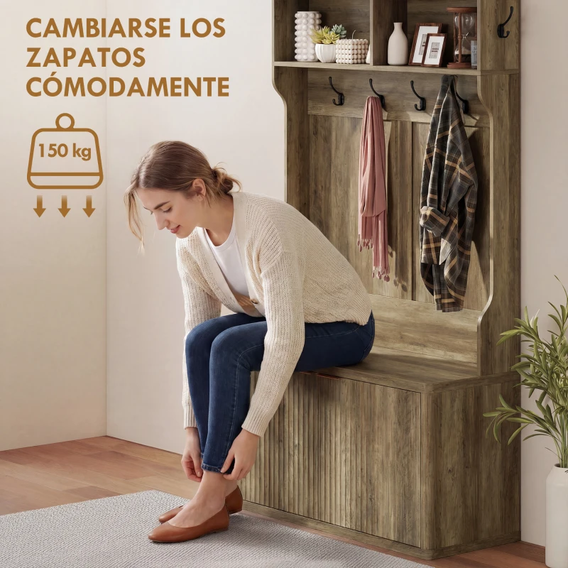 HOMCOM Perchero Zapatero 4 en 1 Perchero Moderno con Estante Abierto para Pasillo Entrada Dormitorio 100x38x172 cm Roble