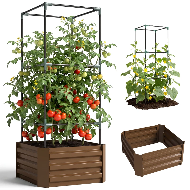Outsunny Hochbeet mit Rankgitter Pflankasten mit Rankhilfe, offener Boden, wetterbeständig, 61 cm x 61 cm x 140 cm, Braun