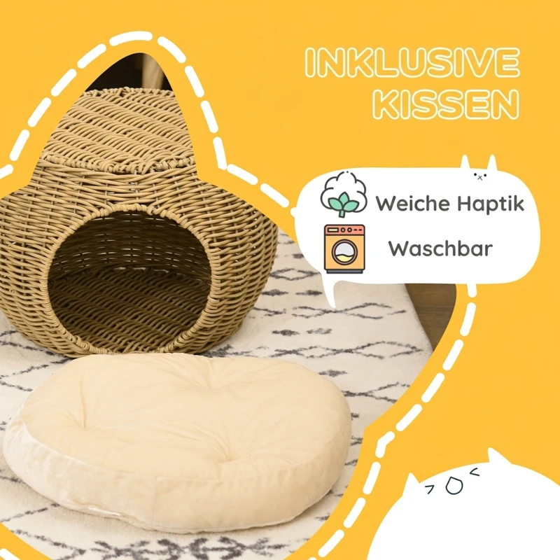 PawHut Katzenkorb Rattan zweistöckig Katzenbett Katzenkörbchen mit Kissen Vordertür  für Katze unter 3,5 kg Ø40 x 30 cm