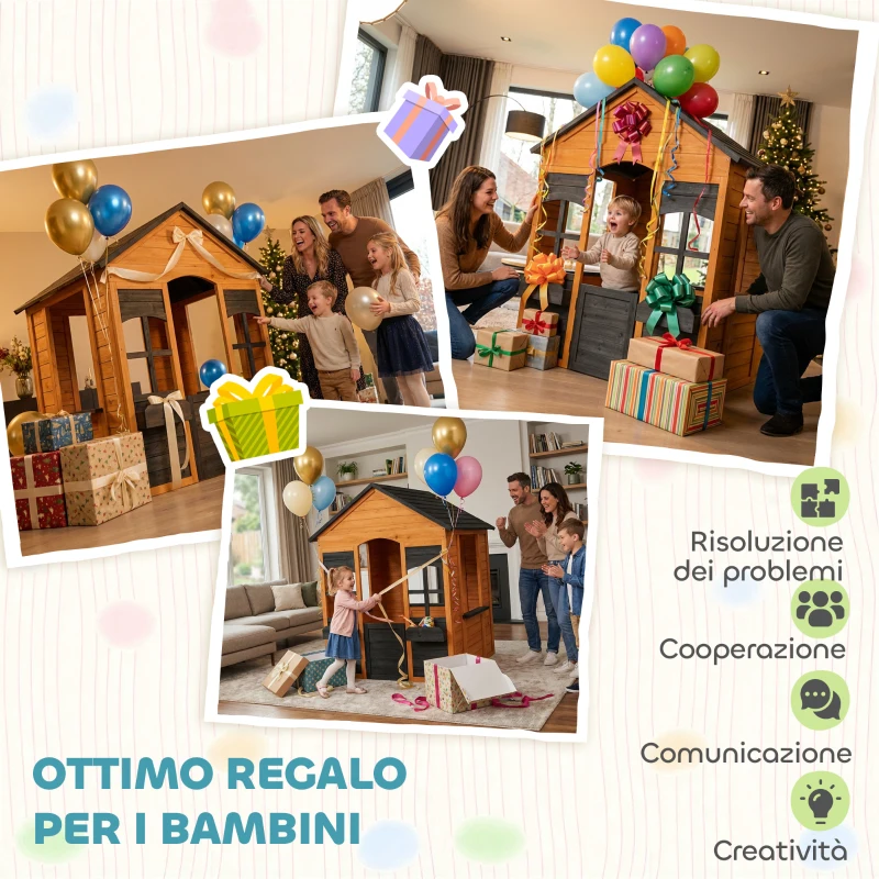 AIYAPLAY Casetta in Legno Bambini con Vasi Fiori, per Gioco Esterno/Interno, Età 3–8, Marrone