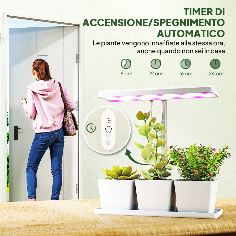 Outsunny Lampade per Pianta da 30 Luci LED con 3 Vasi, Timer e Illuminazione Regolabile, 31.8x13.4x18.6-35.6 cm, Bianco
