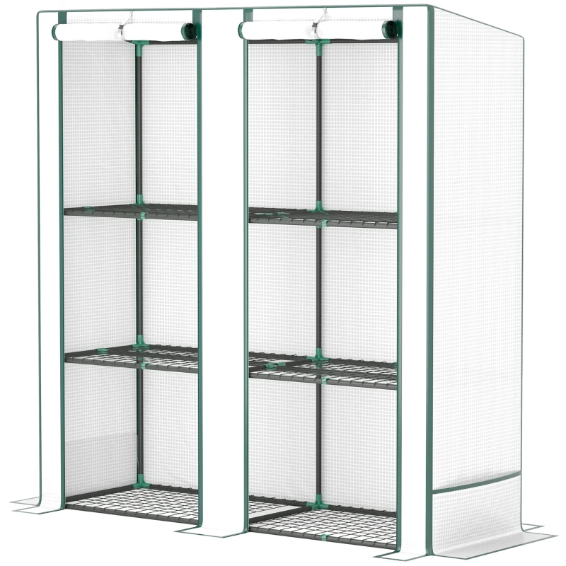 Outsunny Serra da Giardino con 2 Porte Avvolgibili, Scaffale a 3 Ripiani e Tasche Laterali, Bianco e Verde