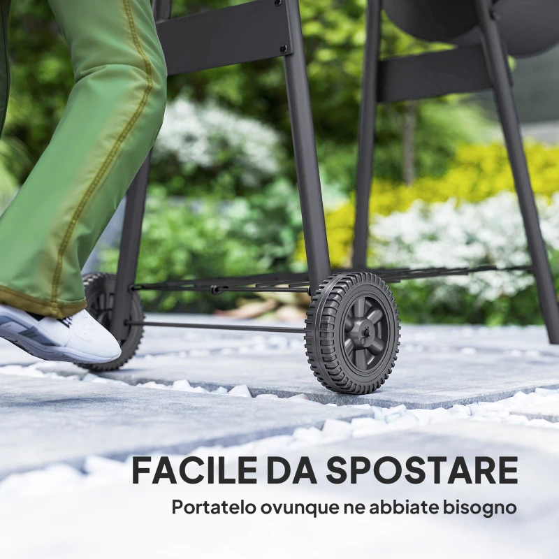 Outsunny Barbecue a Carbone con Coperchio e Affumicatore, BBQ da Giardino con Ripiani e Ruote 124x53x104 cm, Nero