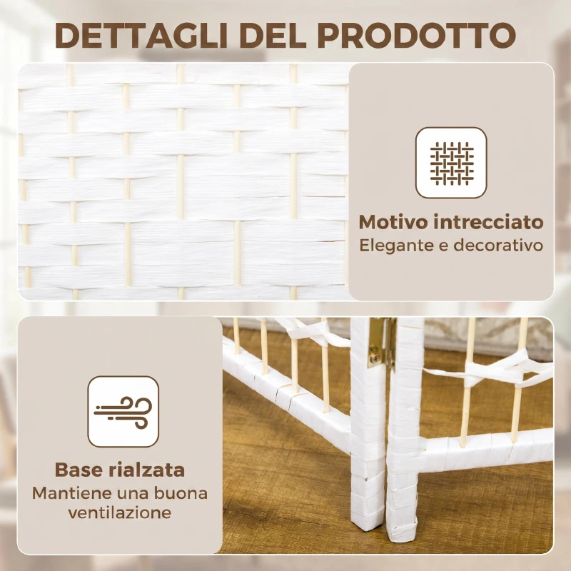 HOMCOM Paravento da Interno a 6 Pannelli Pieghevole 240x170 cm Bianco