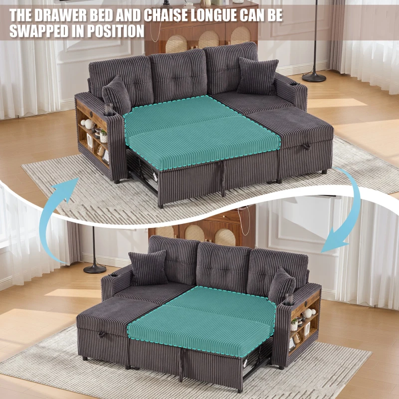 Modern Corduroy Sofa Bed with Pull-Out Bed, Storage and LED Lighting, Plush Sleeper Couch for Living Rooms, 196L × 82W × 85H cm, Dark Gray