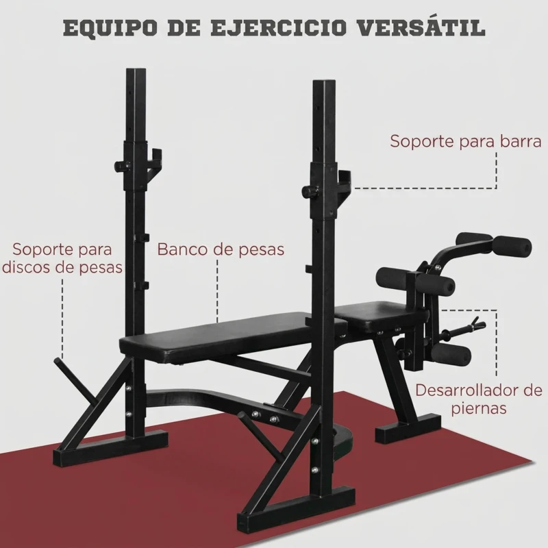 HOMCOM Banco de Pesas Banco de Musculación Multifuncional con Soporte Barra de Pesas Altura Ajustable de 3 Niveles Carga 300 kg para Entrenamiento Fitness de Cuerpo Completo Negro