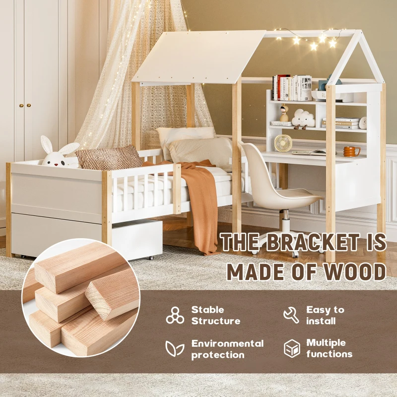 Modern House-Shaped Kids Bed Frame with L-Shaped Desk, Solid Wood Loft Bed with Roomy Rolling Drawers, 195L x 90W x 164.5H cm, White