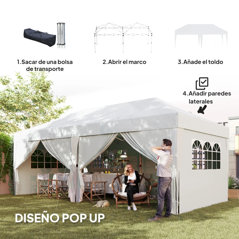 Outsunny Carpa Plegable 6x3 m Gazebo con 6 Paredes Laterales Impermeable Anti-UV y Bolsa de Transporte para Camping Fiesta Blanco