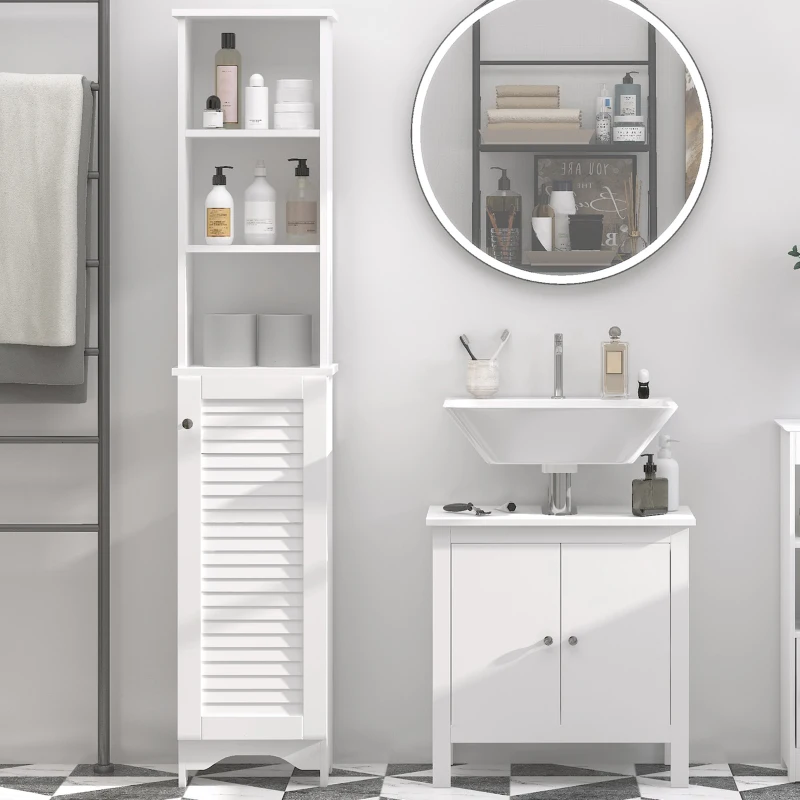 HOMCOM Colonna Bagno con Ripiano a 3 Livelli e Armadietto Chiuso, in MDF e Truciolato, 34x20x165 cm, Bianco