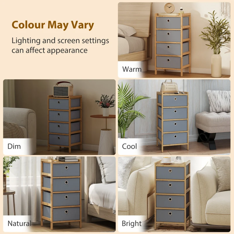 HOMCOM Chest of Drawers, 4 Fabric Drawers Narrow Dresser with Bamboo Frame, Light Grey