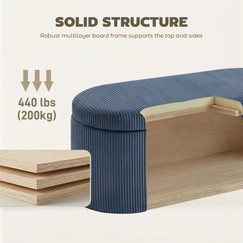 HOMCOM Storage Ottoman, Corduroy Upholstered Ottoman Storage Box with Padded Seat, 105 x 51 x 49 cm, Blue